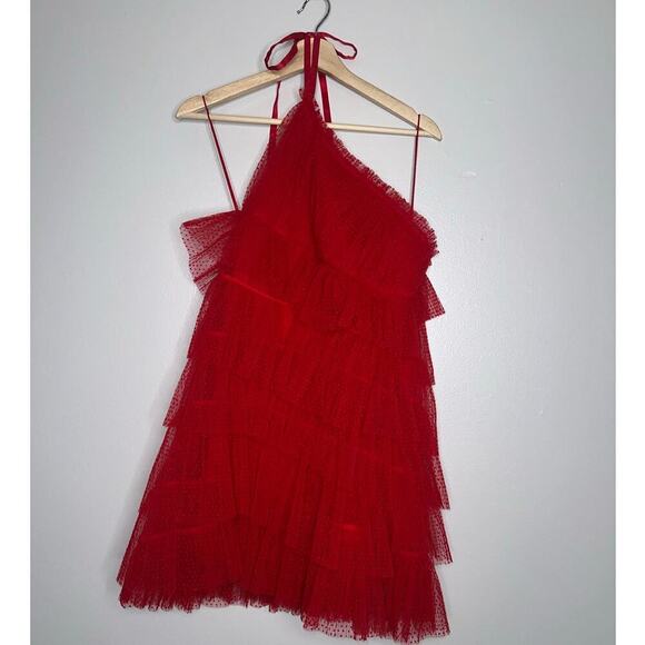 Alexis Raina Tiered Ruffled-Tulle Halter Mini Dress Cherry Red Size Medium - Picture 2 of 9